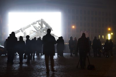 Modern Times Forever (Stora Enso Building, Helsinki) installed for IHME Festival, Helsinki, 2011. Photo:  SUPERFLEX